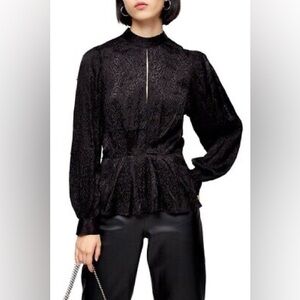 Topshop Blouse Cut-Out Black Leopard Print Beaded Peplum Long Sleeves Size 8 Top
